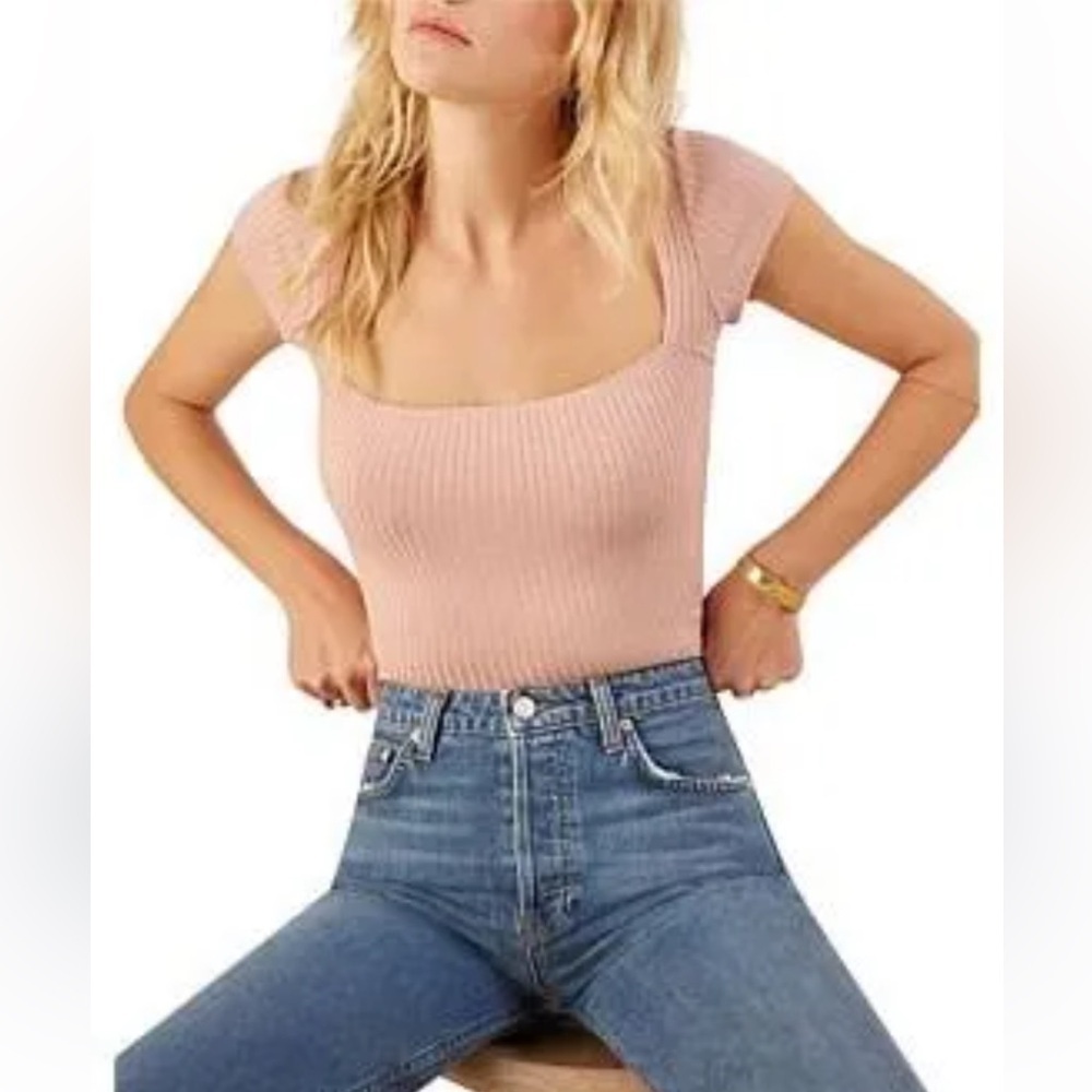 Reformation Jeans Bardot Knit Ribbed Top in Pink Blush size Small